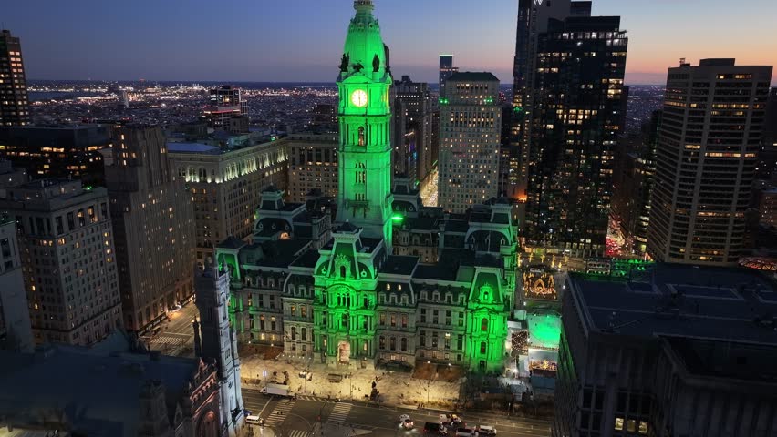 Sunset Skyline City Hall At Philadelphia In Pennsylvania United States. Highrise Buildings Landscape. Colorful Sunset. Philadelphia At Pennsylvania United States.