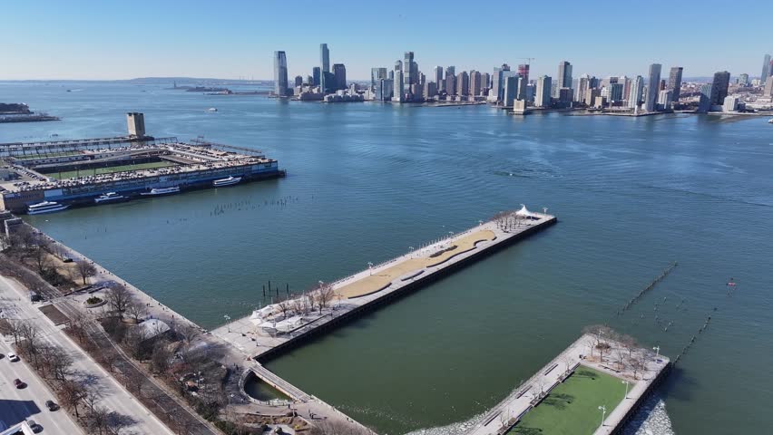 Downtown New York At Manhattan In New York United States. Highrise Buildings Scenery. Beautiful Cityscape. Downtown New York At New York United States. Jersey City Landscape.
