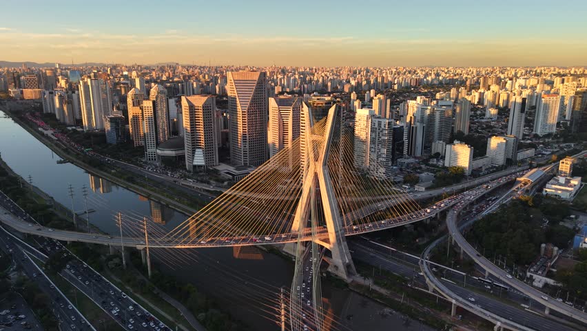 Aerial view of Octávio Frias de Oliveira Bridge and Marginal Pinheiros Avenue - São Paulo, Brazil