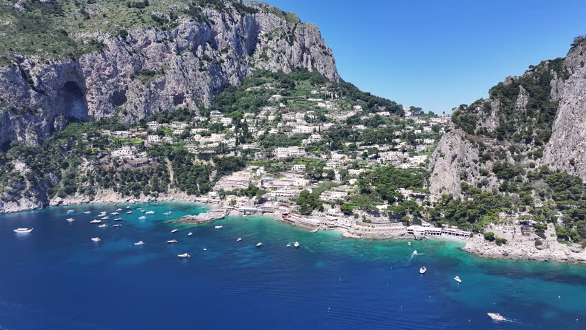 Island Of Capri At Naples In Campania Italy. Coastal City. Waterfront Landscape. Island Of Capri At Naples In Campania Italy. Beach Scenery. Medieval Buildings. Capri Skyline