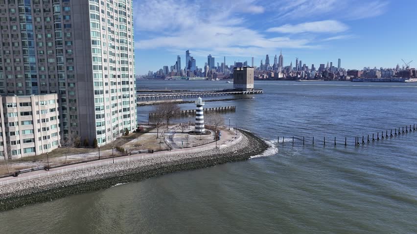 Lighthouse Point At Jersey City In New Jersey United States. Highrise Buildings Scenery. Downtown New York. Lighthouse Point At New Jersey United States. Coastline Landscape.