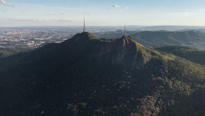 Aerial view of Jaraguá Peak, in the Jaraguá neighborhood - at 1,135 meters it is the highest point in São Paulo city, Brazil