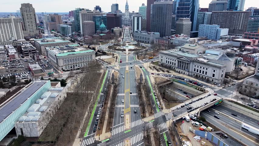 City Hall Building At Philadelphia In Pennsylvania United States. Ben Franklin Parkway Road. Downtown District. City Hall Building At Pennsylvania United States. Expressway Scene.