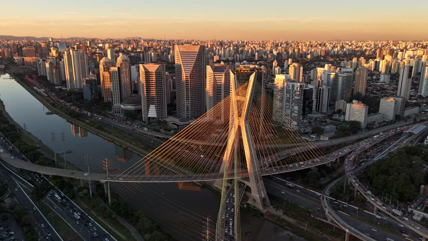 Aerial view of Octávio Frias de Oliveira Bridge and Marginal Pinheiros Avenue - São Paulo, Brazil