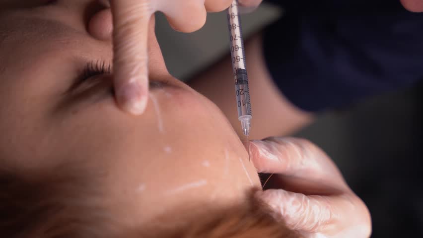 Beautician doctor makes botulinum toxin injection in the forehead of young beautiful woman. Close up vertical 4k shot