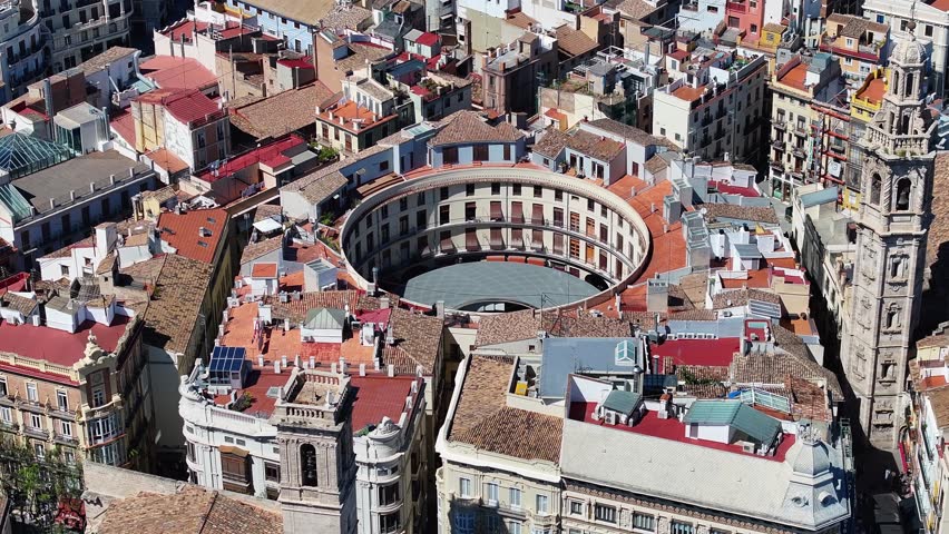 Round Square At Valencia In Valence Community Spain. Medieval Buildings Scenery. Downtown Cityscape. Valencia At Valence Community Spain. Cultural Heritage Skyline. Urban Scene.