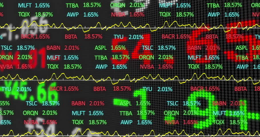 On opening stock ticker percentages updating, value flashing as yellow line tracing volatility. Finance, trading, analysis, dashboard, investment, volatility, technology