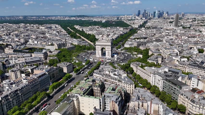 Triumphal Arch At Paris In France Island France. Highrise Buildings Scenery. Downtown City. Triumphal Arch At Paris In France Island France. Champs Elysees Skyline. Beautiful Monument.