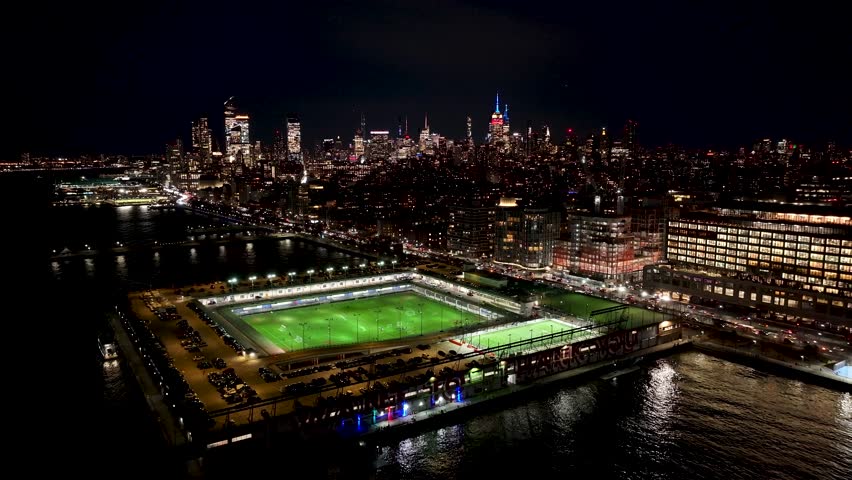 Night Skyline Of New York Skyline At Manhattan In New York United States. Night City Landscape. Financial District. New York Skyline At New York United States. Highrise Buildings Scenery.