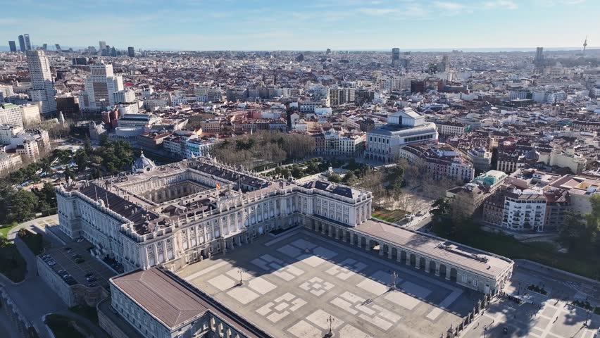Royal Palace Of Madrid At Madrid In Community Of Madrid Spain. Medieval Buildings Landscape. Downtown District. Capital City Scenery. Royal Palace Of Madrid In Spain. Beautiful Cityscape.