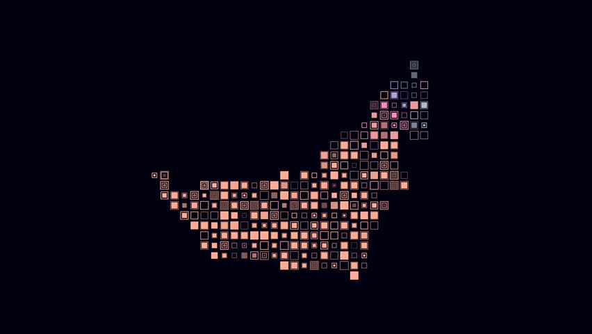 United Arab Emirates dotted animation. Shape of the country built of pulsating colored dots. Large size square blocks. Digital style map on dark background.