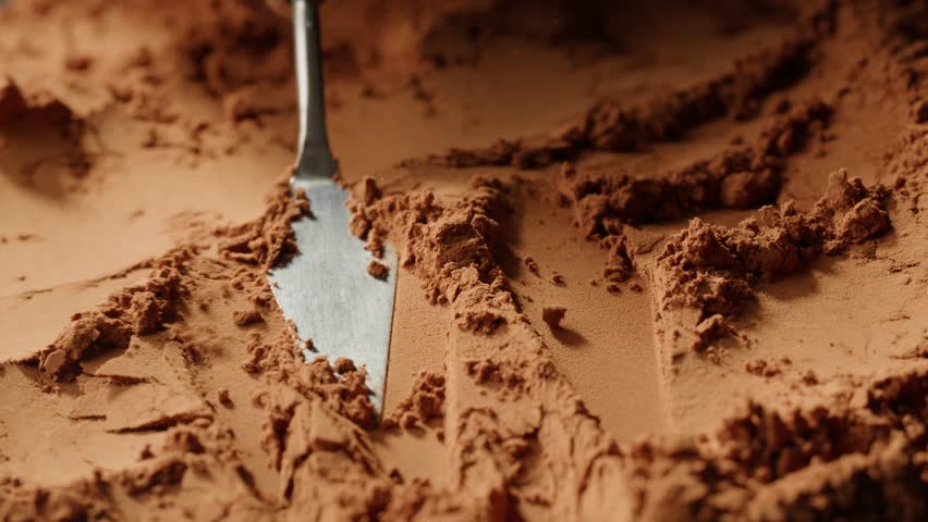  Cocoa powder texture on wooden background, Spoon with aromatic coffee cacao chocolate macro close up