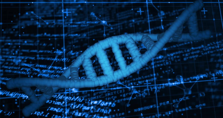 DNA helix appearing on dark blue grid background starting HUD scanning while rotating anticlockwise. Technology, bioinformatics, data visualization, scientific, futuristic, innovation, molecular