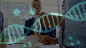 Biotech team extending vial, inspecting sample under shifting AR DNA helix with code lines. Collaboration, innovation, science, technology, futuristic, research, digital - Powered by Shutterstock - Get 15% off with code: PIKWIZARD15