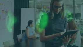 Standing woman scrolling tablet in tech office spawning code overlay, comparing smartphone data. Collaboration, technology, digital, innovation, office, teamwork, data - Powered by Shutterstock - Get 15% off with code: PIKWIZARD15