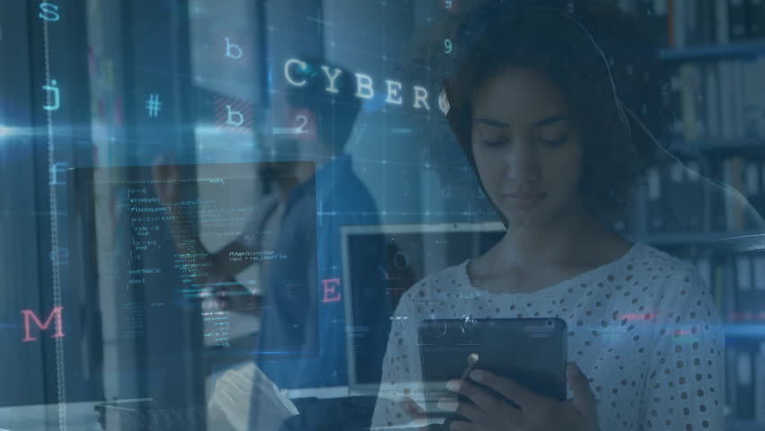 woman tapping tablet as firewall scanning then denying intrusion before masked intruder appearing. Cybersecurity, data protection, digital innovation, network defense, technological environment, - Powered by Shutterstock - Get 15% off with code: PIKWIZARD15
