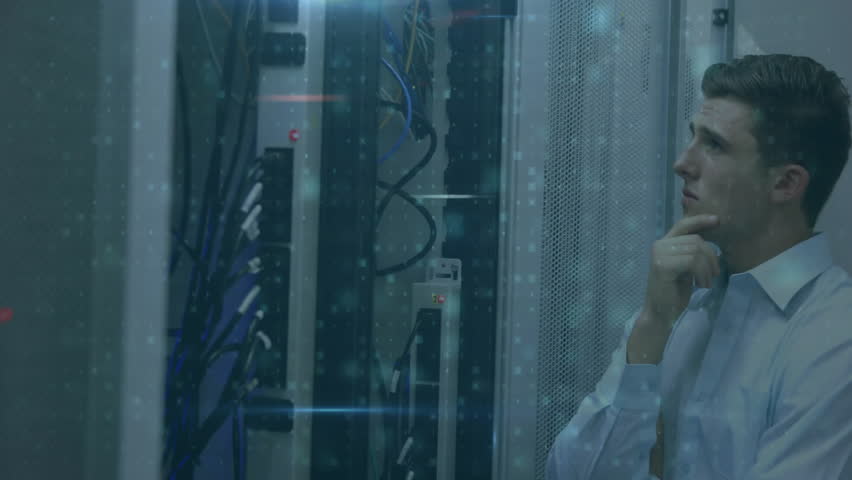 IT technician touching rack scanning code detecting malware firewall breach revealing cyberattack. Cybersecurity, data center, digital threat, network protection, system monitoring, technology, alert - Powered by Shutterstock - Get 15% off with code: PIKWIZARD15