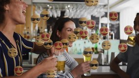 friends bringing beer mugs together at pub counter sparking tech emoji overlay celebrating bond. Celebration, camaraderie, nightlife, social, digital, fun, vibrant - Powered by Shutterstock - Get 15% off with code: PIKWIZARD15