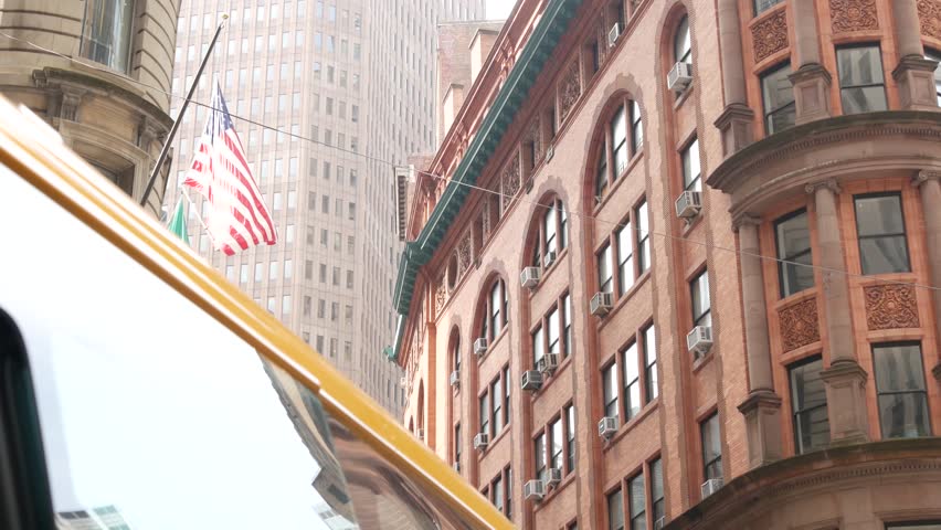 New York City Lower Manhattan, Downtown Financial District architecture, United States. Restaurant building, William street, Beaver street corner, USA. American urban street, red brick house.