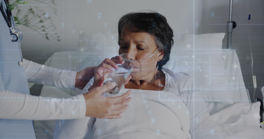 Nurse presenting glass and pills at bedside, patient swallowing medication with comforting touch. Healthcare, caregiving, medical, compassion, wellness, professional, clinical