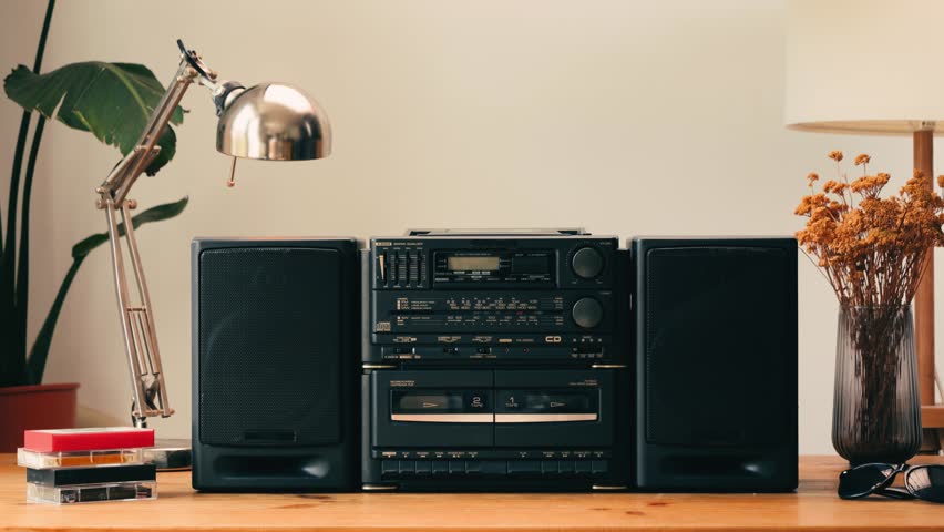 Retro radio tape recorder, audio cassette close-up. Listening to music, old radio boom box player, macro of vintage music listening. 