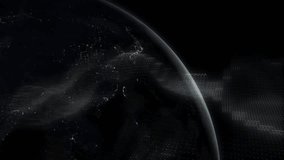 Rotating 3D globe causing binary digits to form ring while streams rising to show data network. Futuristic, technological, digital, abstract, cosmic, data, innovation - Powered by Shutterstock - Get 15% off with code: PIKWIZARD15