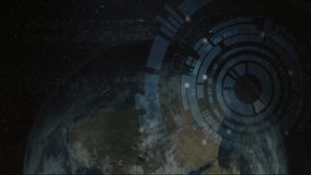 Upon Earth rotation, interface rotating and pulsing while red arc tracing orbit visualizing data. Futuristic, technology, space, interface, data visualization, digital, cosmic - Powered by Shutterstock - Get 15% off with code: PIKWIZARD15