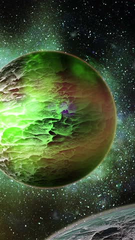 A planet with a rocky, textured surface with meteor craters orbits in space.