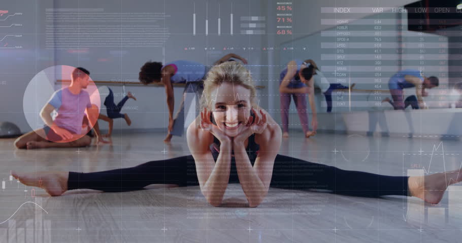 Woman splitting in health studio time reaching second two activating graphs, world map showing data. Fitness, wellness, endurance, flexibility, data visualization, modern technology, body movement