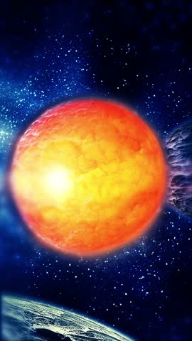 The bright planet Sun rotates in space. Around it circles a satellite with a mountainous rocky structure.
