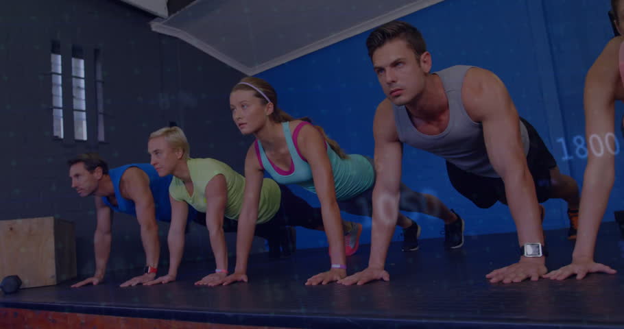 Fitness group initiating push-up sequence on raised platform, animating graphs monitoring metrics. Group exercise, strength training, athleticism, dynamic, performance, teamwork, modern