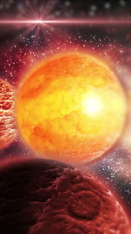 The bright planet Sun rotates in space. Several satellites with mountainous rocky structures circle around it against a starry background.
