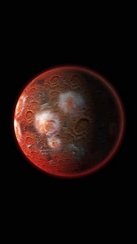 A spectacular planet orbits in space, with a rocky, textured surface dotted with fiery meteor craters and volcanoes.