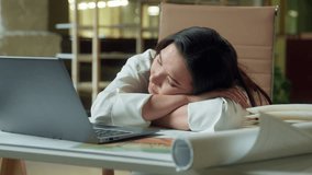 Tired Asian business woman businesswoman sleeping on office table exhausted sleepy napping girl Chinese Korean bored female fall asleep on desktop overwork employee manager burnout sleep fatigue nap - Powered by Shutterstock - Get 15% off with code: PIKWIZARD15