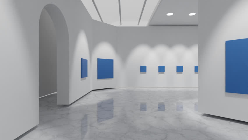 Minimalist 3D animation of a clean white gallery space featuring empty blue canvases on walls in a sleek architectural setting. Ideal seamless loop for art exhibitions, branding presentations