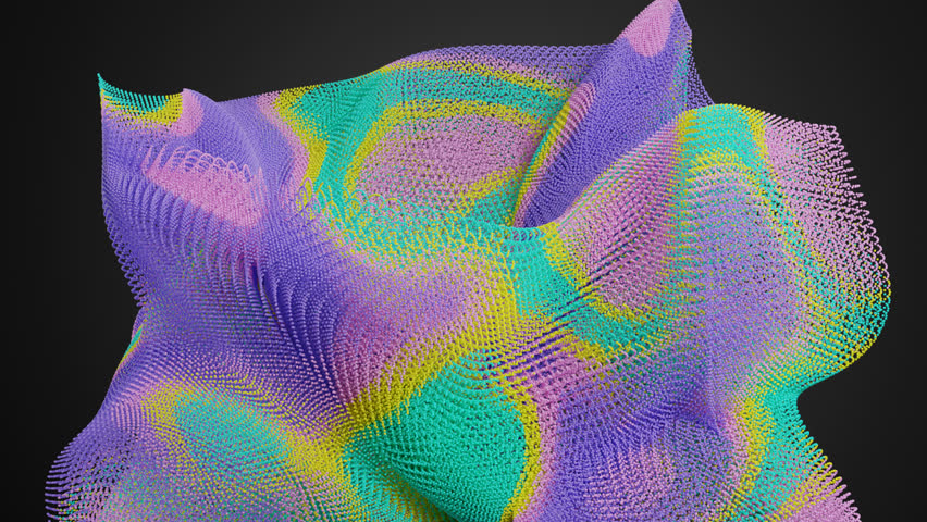 Futuristic neon 3D shape made of particles animates on dark background. Minimal seamless loop design perfect for tech branding, music visuals, and abstract creative projects