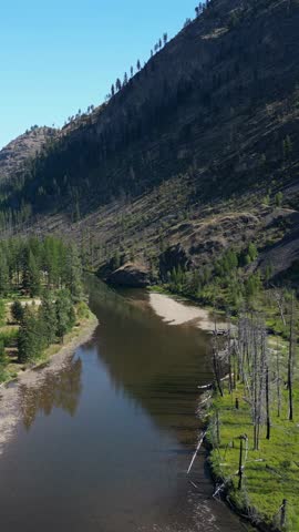 Stunning Aerial Vista of a River Flowing Through a Beautiful Mountainous Landscape in BC, Canada