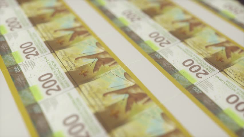 Macro Shot of 200 Swiss Franc Bills in Production Line