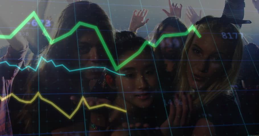 Three friends leaning toward translucent data graphs appearing in nightclub monitoring data trends. Party, nightlife, choreography, digital, energy, celebration, vibrant