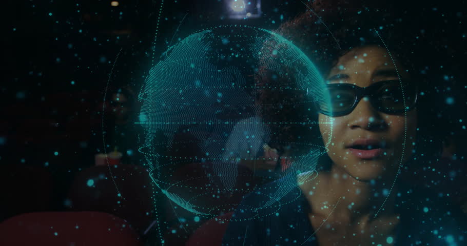 Woman wearing 3D glasses watching teal dots forming rotating holographic globe in tech demo. Futuristic, innovation, visualization, immersive, digital, technology, analytics