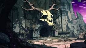 Animated haunted fortress entrance with scary giant animal skull above doorway, flying bats and crows, purple fireflies and dynamic night sky motion effects - Powered by Shutterstock - Get 15% off with code: PIKWIZARD15