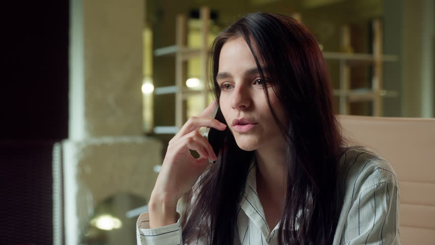 Business woman Caucasian girl dissatisfied angry talking mobile phone in office businesswoman stressed arguing conflict upset sad female call smartphone problem discuss argument negative conversation