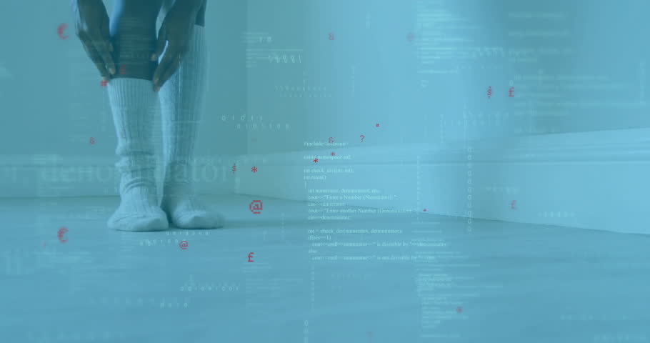 Woman shifting and adjusting white knee-high sock for fitness, with floating code symbols drifting. Athletic, casual, minimalism, technology, data, modern, fitness