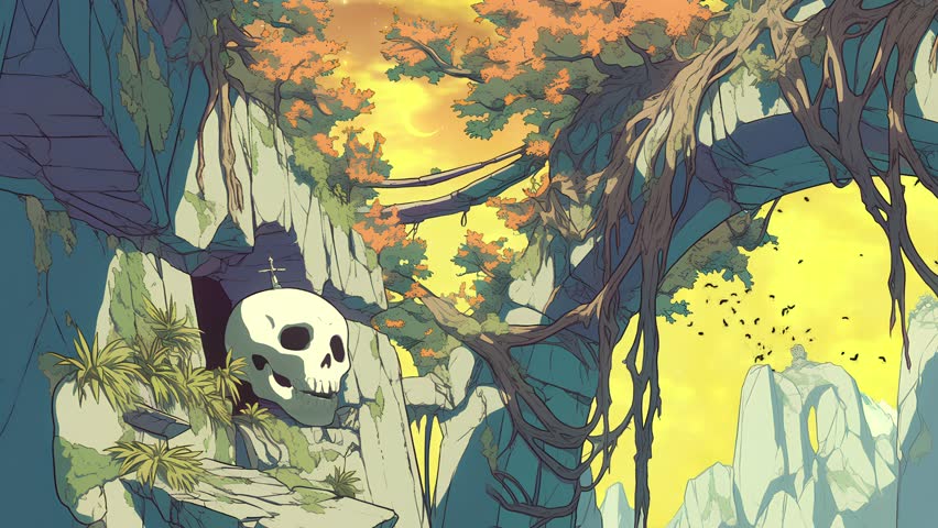 Animated ancient cliffside path with giant skull, hanging bridges, flying birds, and glowing golden sky with falling leaves