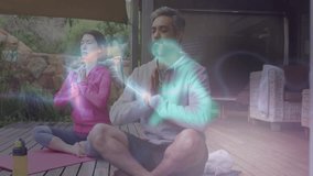 Man and woman breathing on deck, guiding pastel energy waves swirling around them for wellness. Meditation, connection, harmony, tranquility, mindfulness, serenity, energy - Powered by Shutterstock - Get 15% off with code: PIKWIZARD15