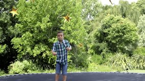 fitness boy pushing off trampoline for exercise raising arms as animated stars swirl fading landing. Child, playground, energetic, playful, outdoor, vitality, activity - Powered by Shutterstock - Get 15% off with code: PIKWIZARD15