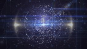 Nodes floating, forming network mesh on sphere rotating pulsating beam showing data connections. Virtual reality, futuristic, technology, data visualization, digital network, cyberspace, abstract - Powered by Shutterstock - Get 15% off with code: PIKWIZARD15