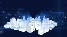 Wireframe cityscape emerging from circuit grid, camera orbiting and panning model visualizing data. Futuristic, technology, digital, abstraction, innovation, virtual, cybersecurity - Powered by Shutterstock - Get 15% off with code: PIKWIZARD15