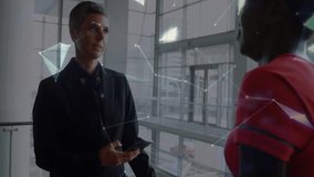 Senior exec tapping smartphone activating wireframe map and spinning 3D globe for business meeting. Technology, collaboration, innovation, futuristic, corporate, communication, digital - Powered by Shutterstock - Get 15% off with code: PIKWIZARD15