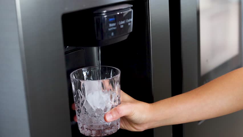 A hand fills a glass with water from a refrigerator dispenser in a well-lit kitchen